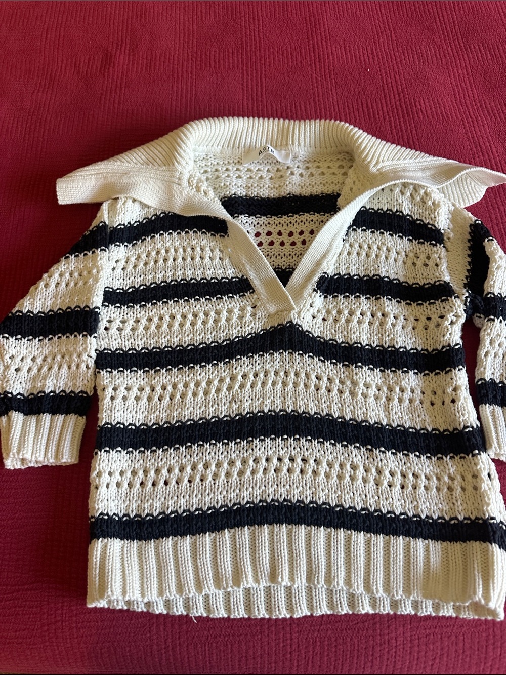 Astr Cream and Black Striped V-Neck Open-Knit Sweater